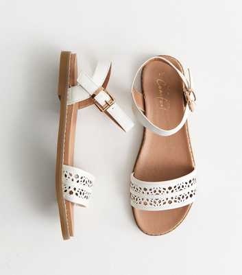 White Faux Leather Cut Out Strap Flat Sandals