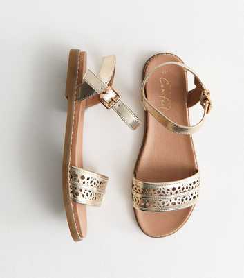 Gold Faux Leather Cut Out Strap Flat Sandals
