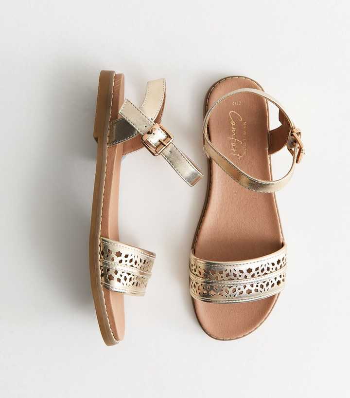 Gold Faux Leather Cut Out Strap Flat Sandals