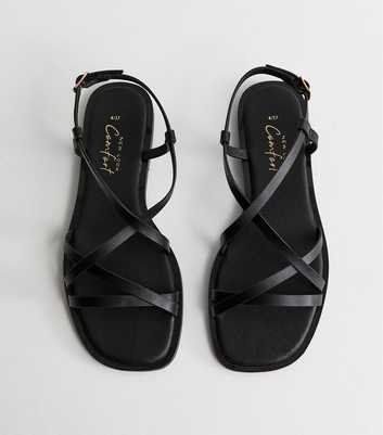 Black Faux Leather Strappy Square Toe Flat Sandals