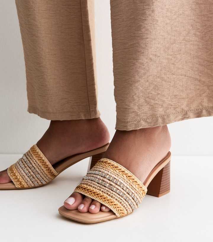 Off White Embellished Raffia Strap Block Heel Mules