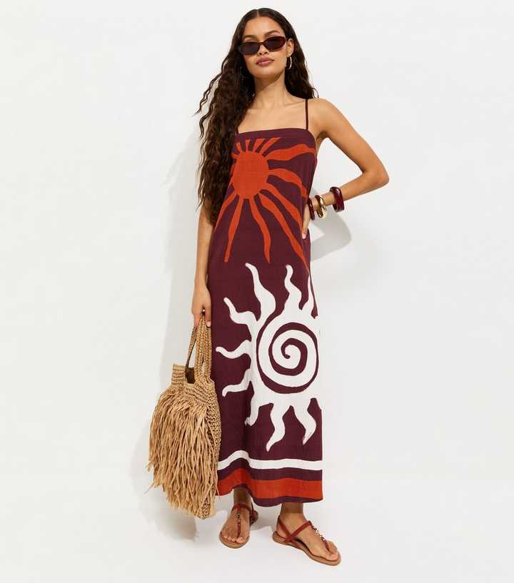 Petite Brown Sun Print Beach Maxi Dress