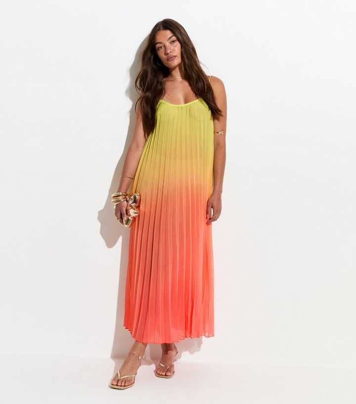 Yellow Ombre Pleated Beach Maxi Dress