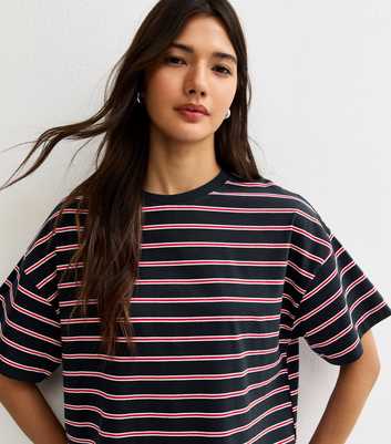 Navy Striped Boxy Crew Neck T-Shirt