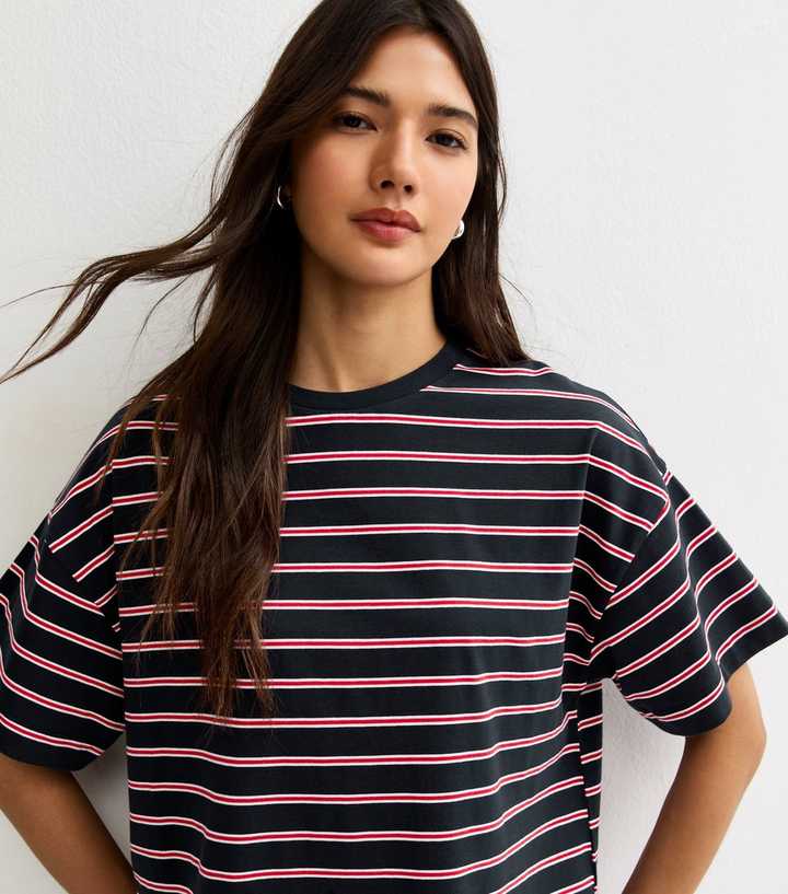Navy Striped Boxy Crew Neck T-Shirt
