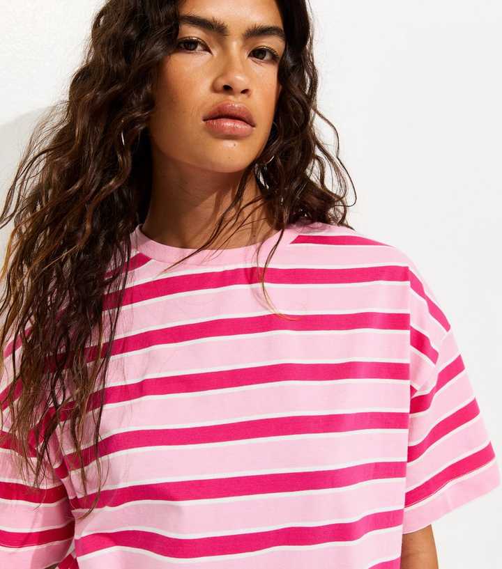 Pink Striped Boxy Crew Neck T-Shirt