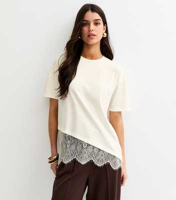 Off White Cotton Scalloped Lace T-Shirt