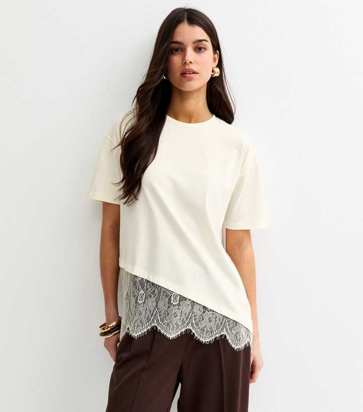 Off White Cotton Scalloped Lace T-Shirt