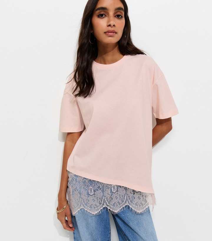 Pink Cotton Scalloped Lace T-Shirt