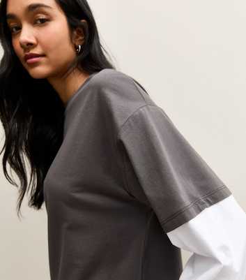 Dark Grey Boxy Layered Sleeve T-Shirt