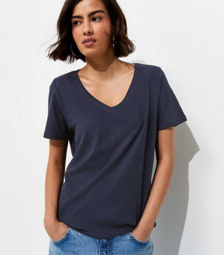 Premium Navy Linen Rich V Neck T-Shirt