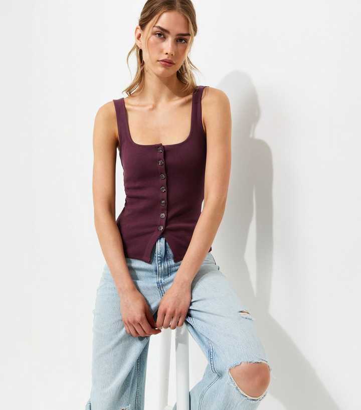 Premium Dark Burgundy Button Through Vest Top
