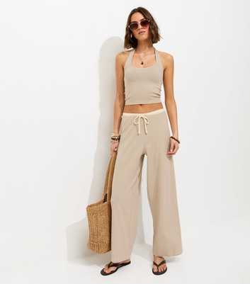 Cream Stripe Drawstring Wide Leg Trousers