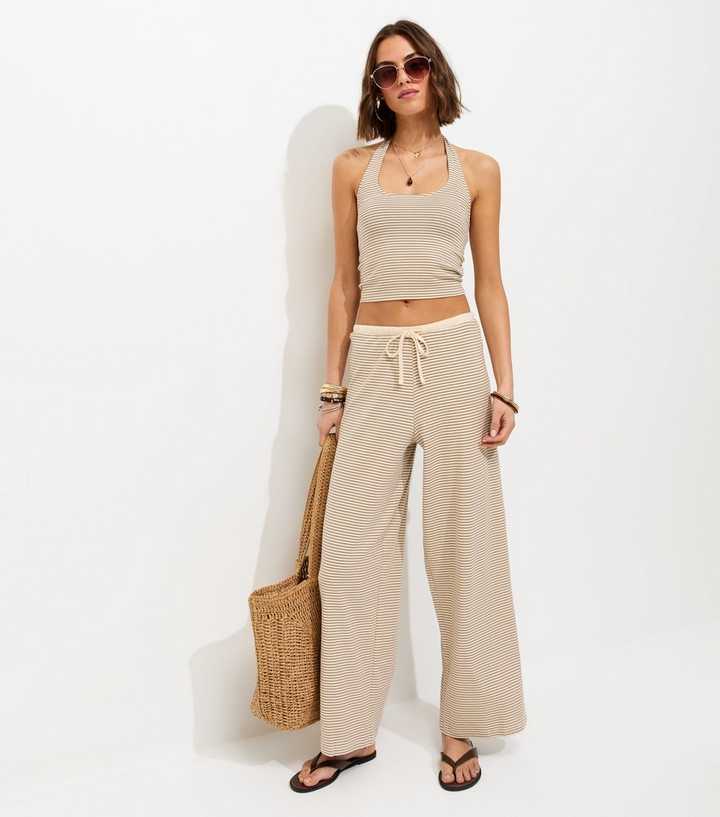 Cream Stripe Drawstring Wide Leg Trousers