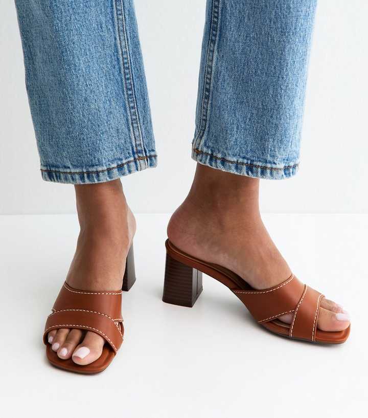 Brown Faux Leather Contrast Stitch Mules