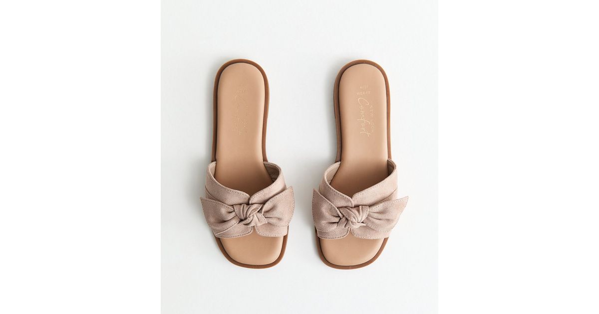 Wide Fit Mink Faux Suede Bow Front Sandals | New Look