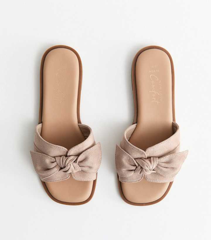 Wide Fit Mink Faux Suede Bow Front Sandals