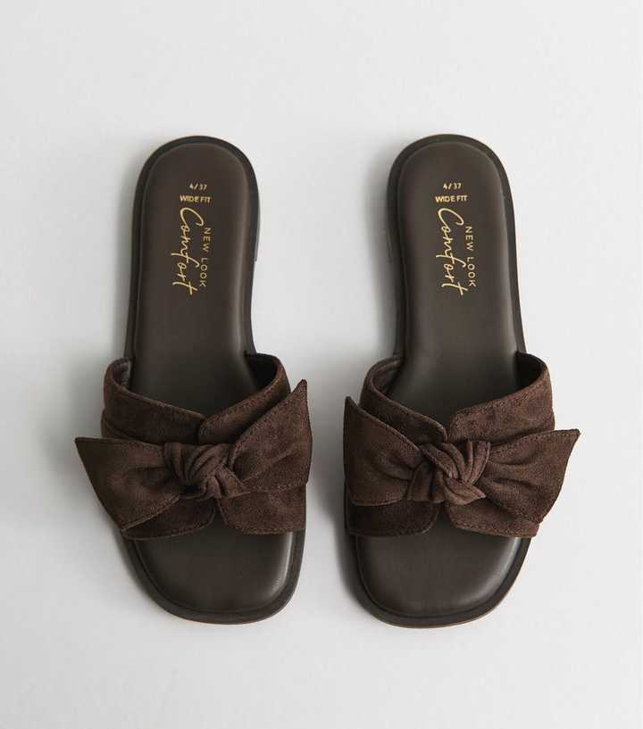 Wide Fit Brown Faux Suede Bow Front Sandals