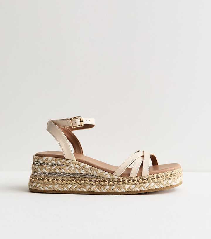 Off White Strappy Woven Wedge Sandals