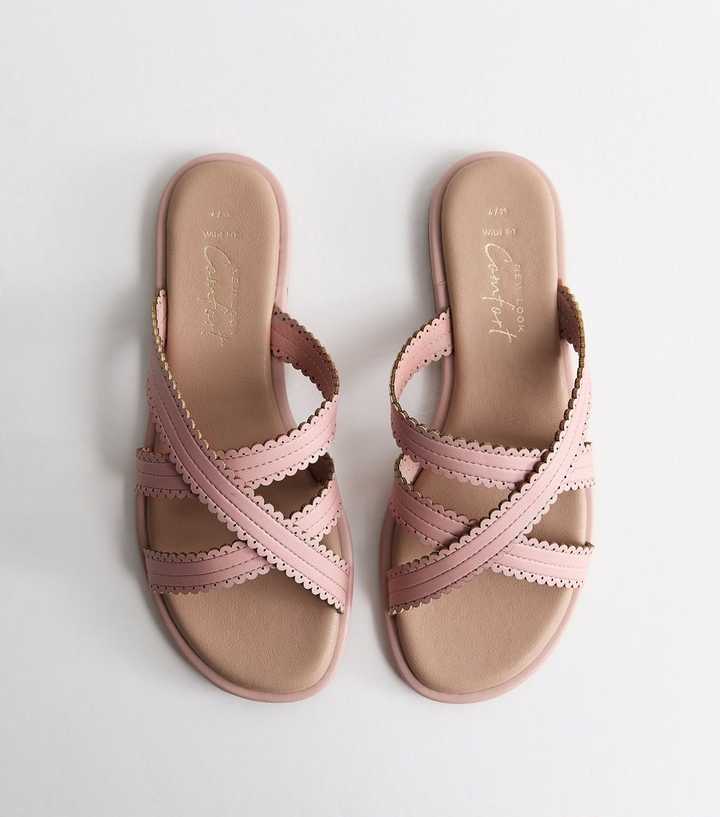 Wide Fit Light Pink Faux Leather Scalloped Flat Mules