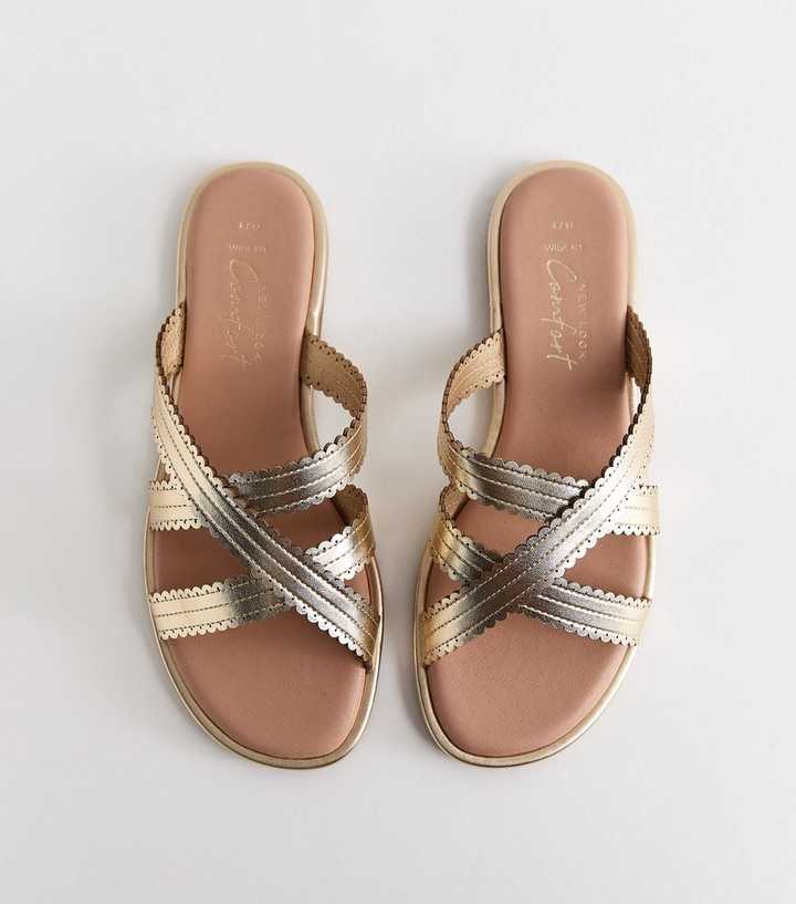Wide Fit Gold Faux Leather Scalloped Flat Mules
