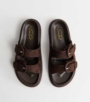 Dark Brown Faux Suede Double Buckled Strap Sandals