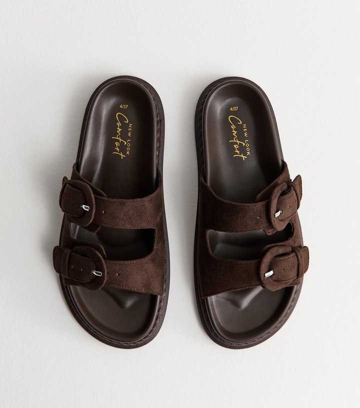 Dark Brown Faux Suede Double Buckled Strap Sandals
