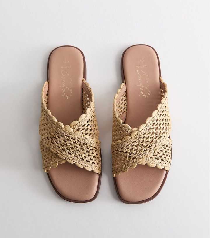 Wide Fit Off White Woven Raffia Look Flat Mules