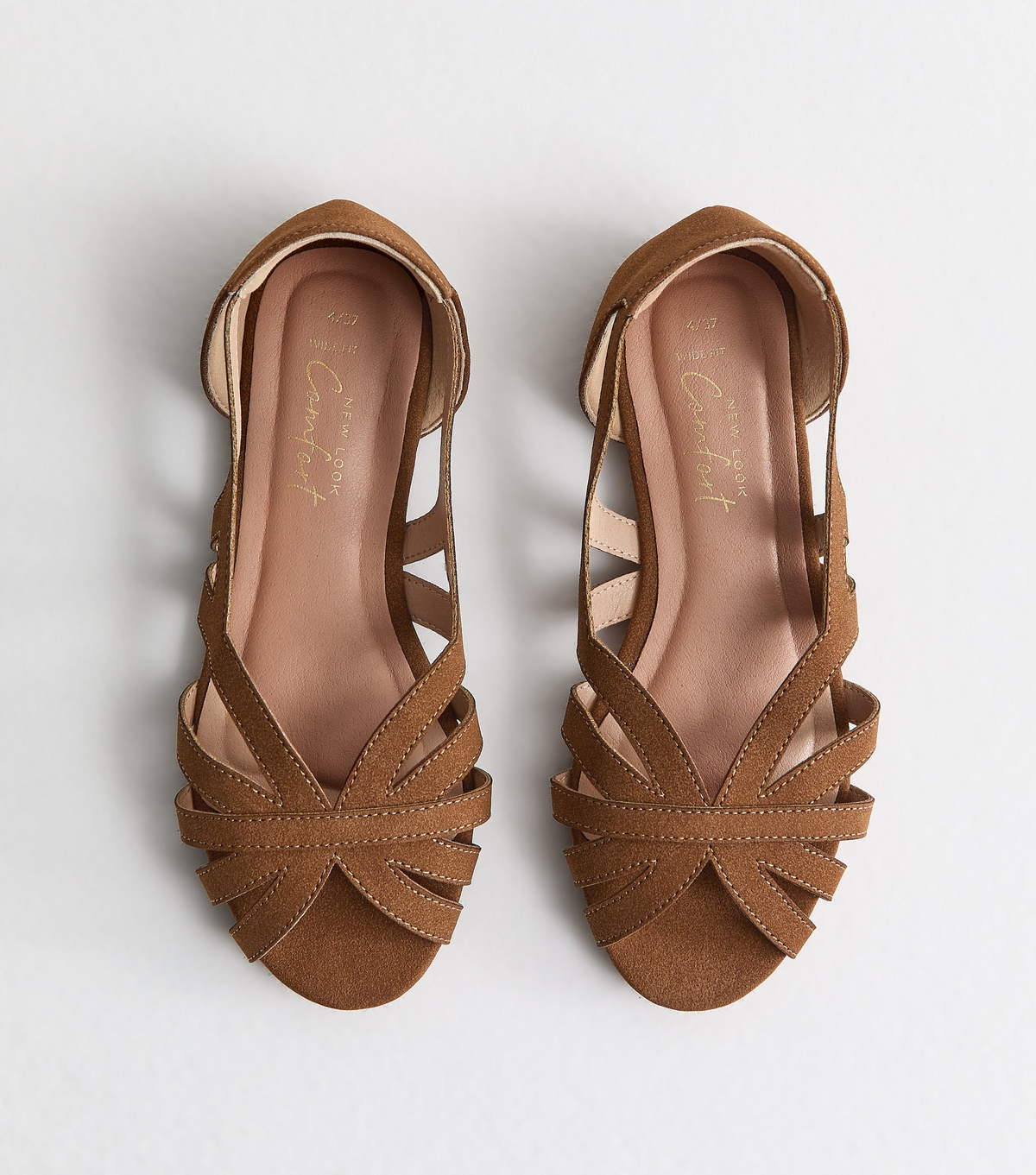 Women's Wide Fit Tan Faux Suede Peep Toe Flats Vegan New Look