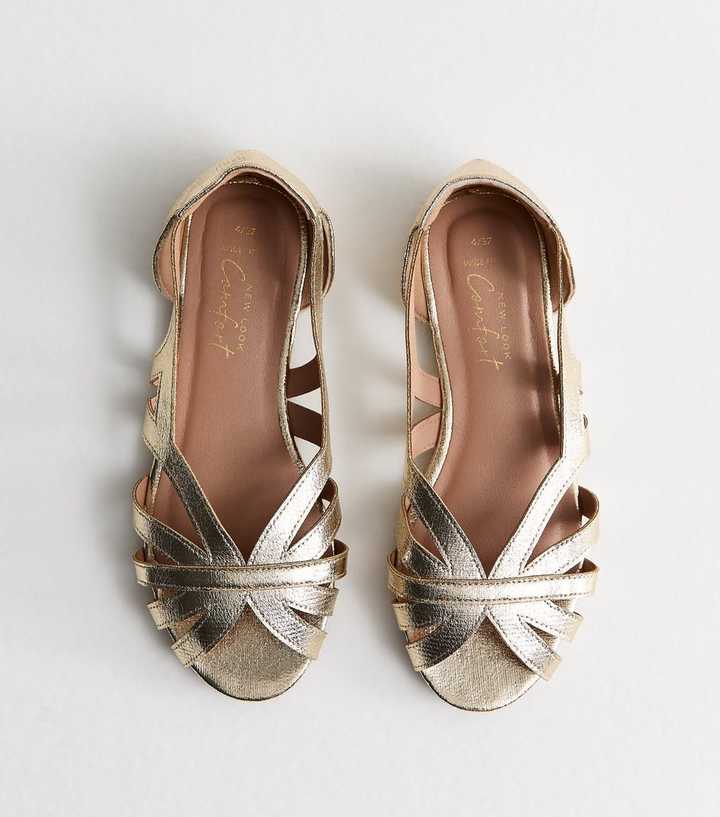 Wide Fit Gold Faux Leather Peep Toe Flats