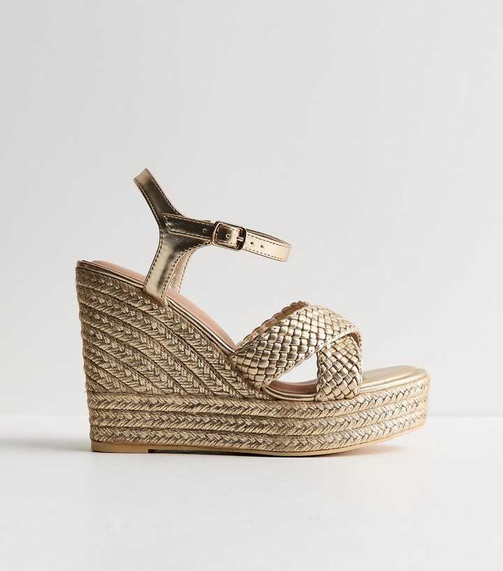 Wide Fit Gold Faux Leather Braided Wedge Sandals