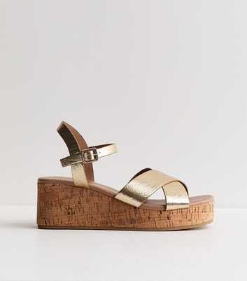Wide Fit Gold Faux Leather Cork Platform Sandals