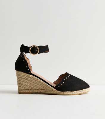 Wide Fit Black Faux Suede Studded Scallop Trim Espadrille Wedges