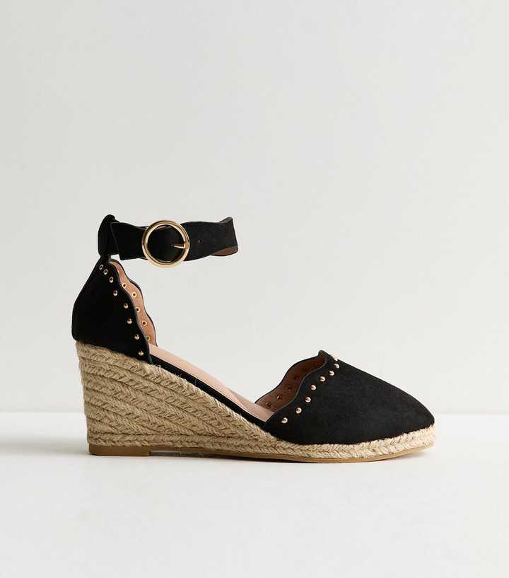 Wide Fit Black Faux Suede Studded Scallop Trim Espadrille Wedges