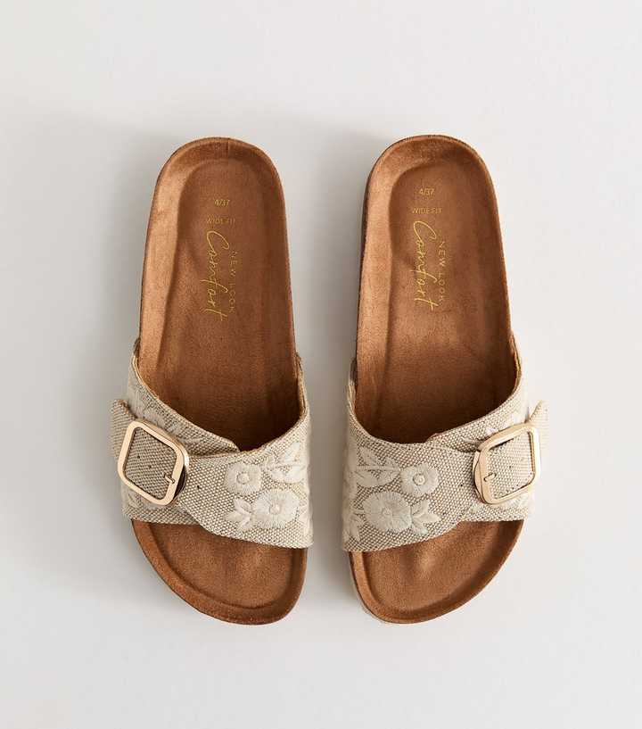 Wide Fit Cream Floral Embroidered Raffia Mules