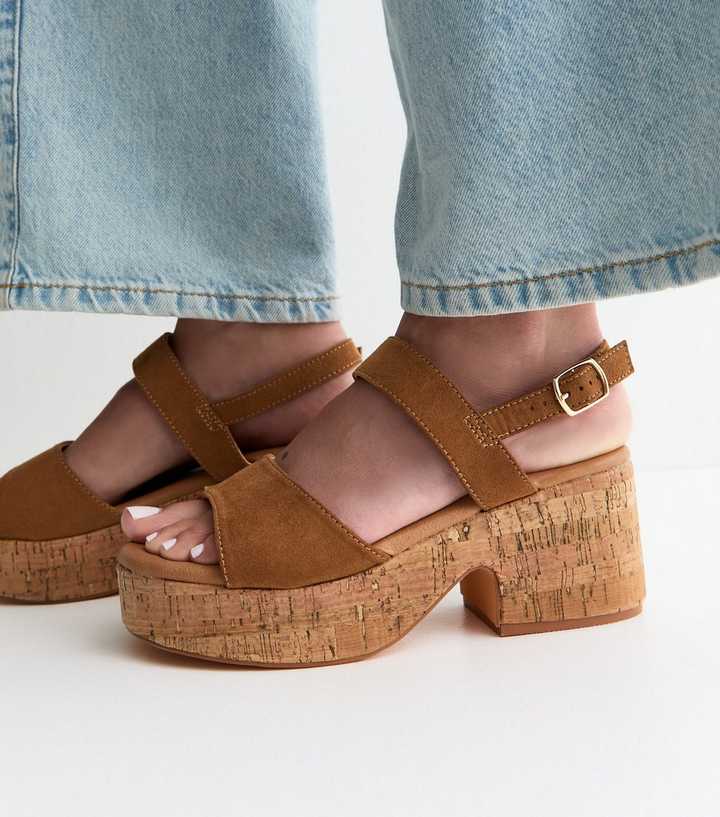 Wide Fit Tan Faux Suede Cork Platform Sandals