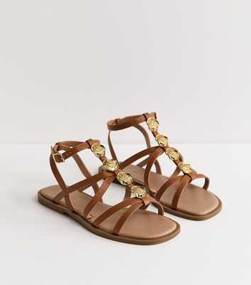 Wide Fit Faux Leather Tan Flat Gladiator Sandals