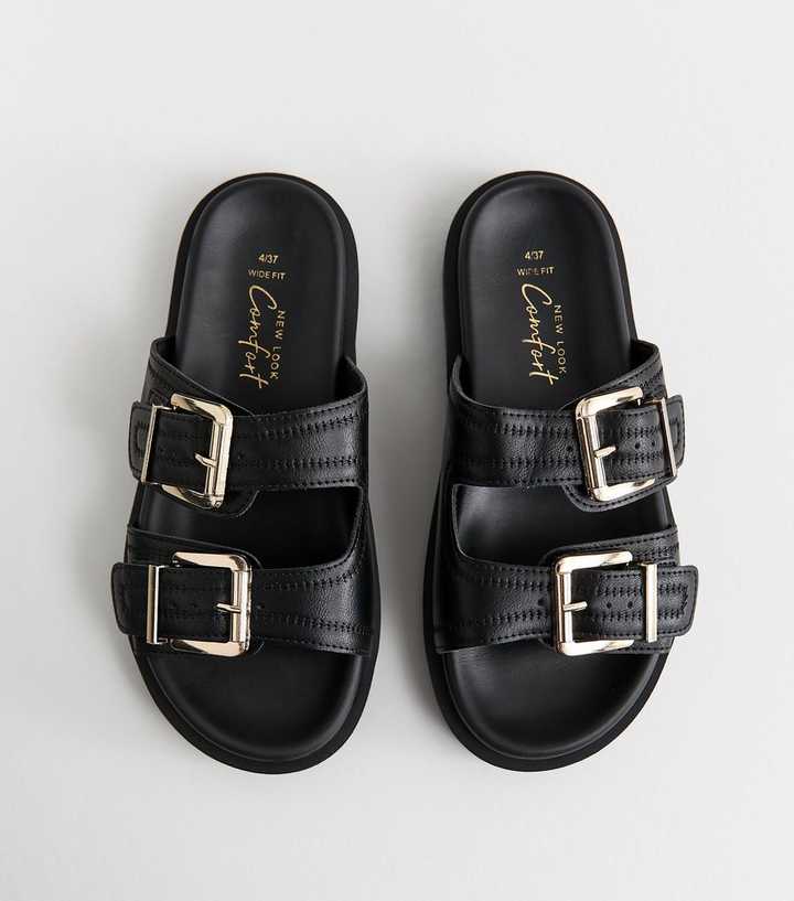 Wide Fit Black Faux Leather Double Strap Flat Mules