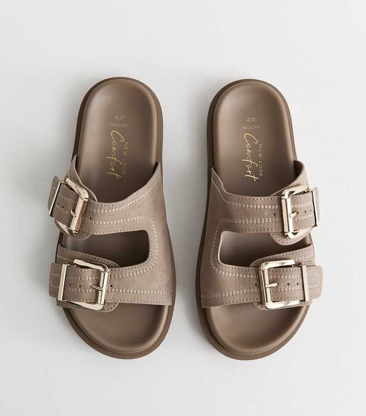 Wide Fit Light Brown Faux Leather Double Strap Flat Mules