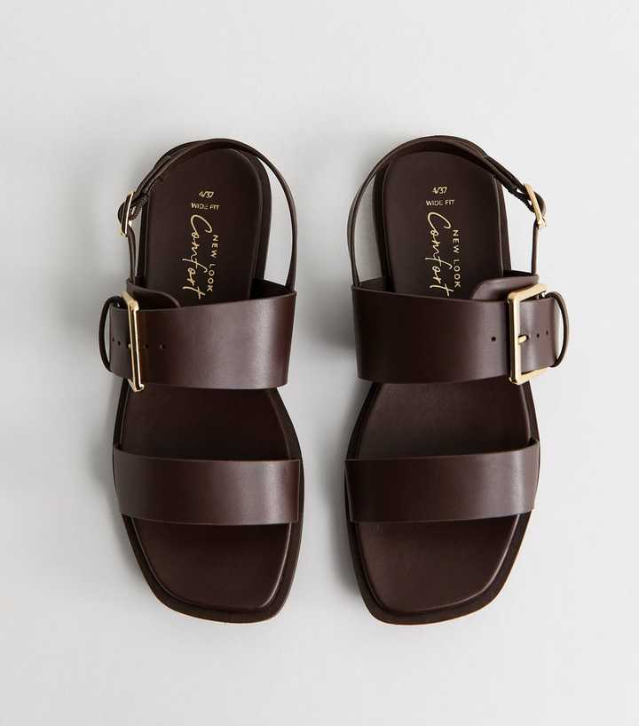 Wide Fit Brown Faux Leather Flat Slingback Sandals