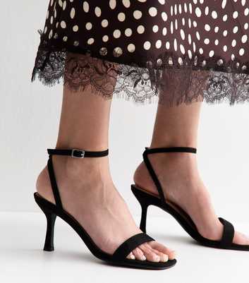 Wide Fit Black Faux Suede Front Strap Stiletto Sandals