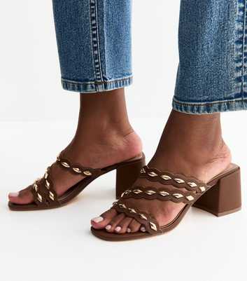 Tan Scalloped Strap Block Heel Mules