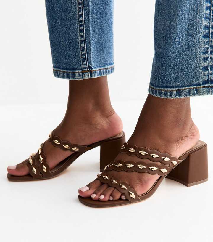Tan Scalloped Strap Block Heel Mules