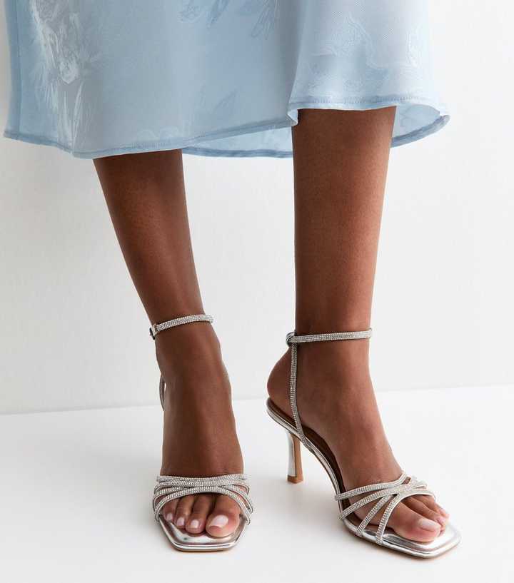 Silver Faux Leather Diamante Strap Stiletto Sandals