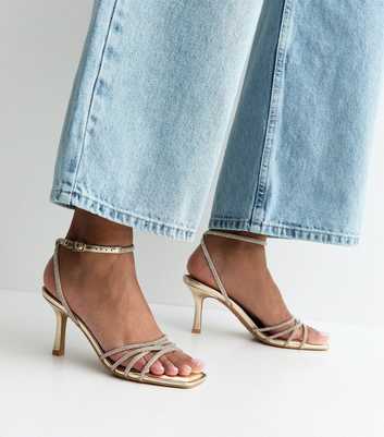 Gold Faux Leather Diamante Strap Stiletto Sandals