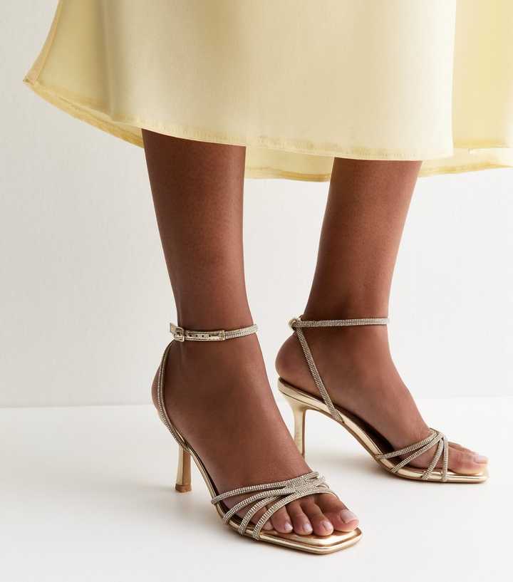 Gold Faux Leather Diamante Strap Stiletto Sandals