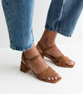 Wide Fit Tan Faux Suede Woven Strap Sandals