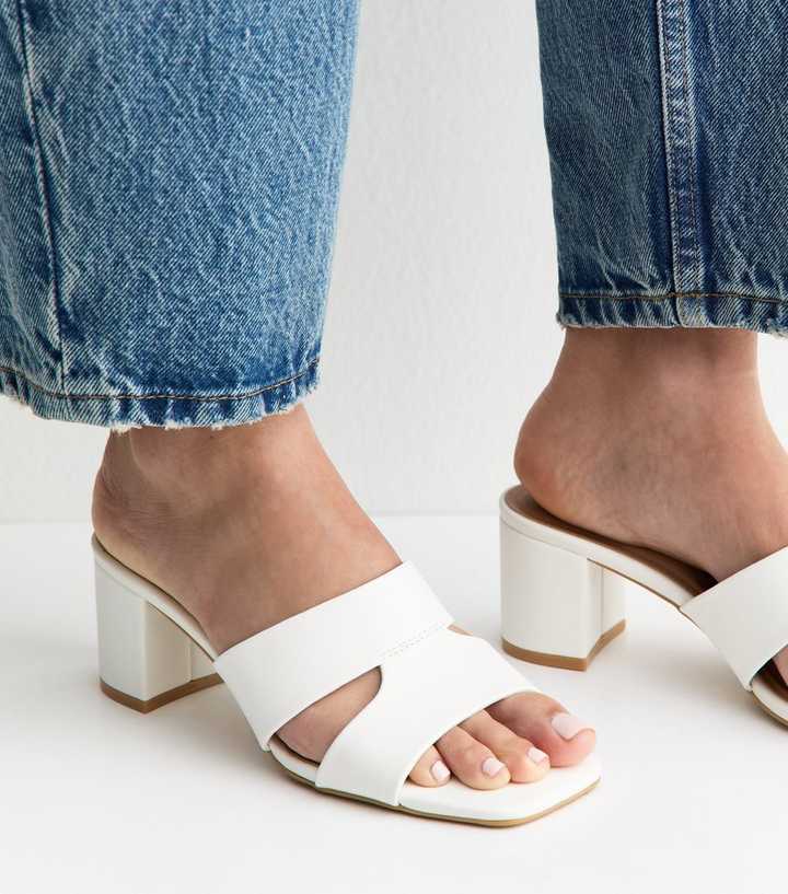 White Faux Leather Cut Out Strap Block Heel Mules