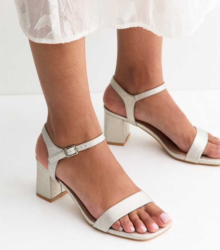 Silver Shimmer Faux Leather Block Heel Sandals