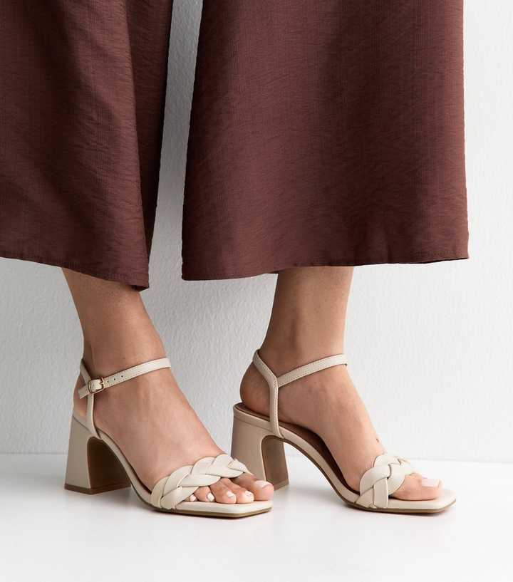 Off White Faux Leather Braided Block Heel Sandals